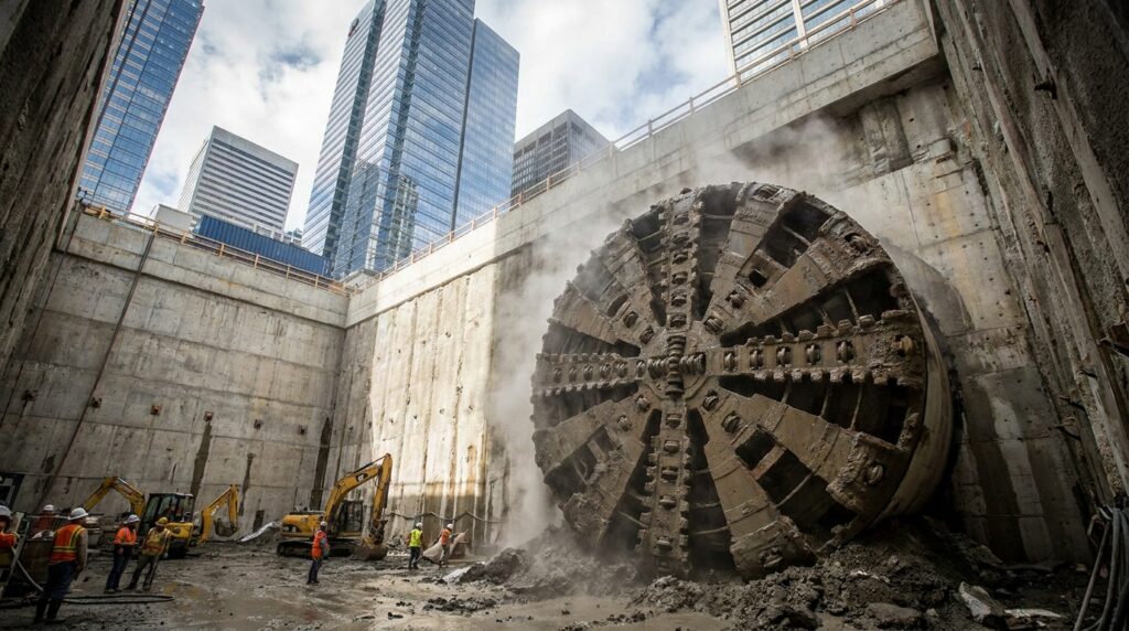 Tuneladora Bertha entra no subsolo durante construção do túnel sob Seattle.