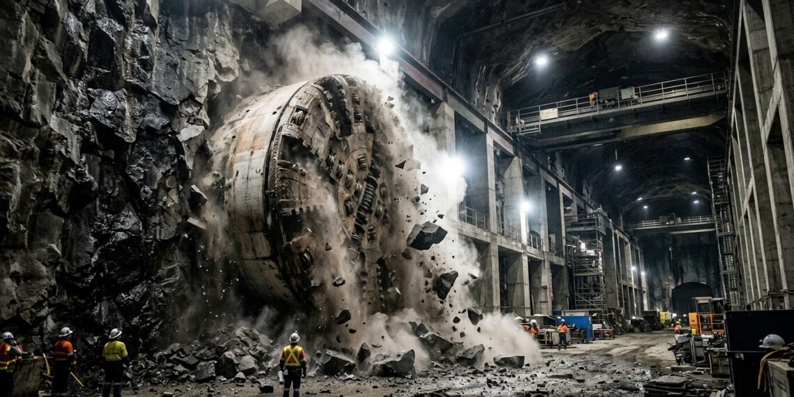 Tuneladora gigante rompe a última parede de rocha dentro do complexo subterrâneo Snowy 2.0.