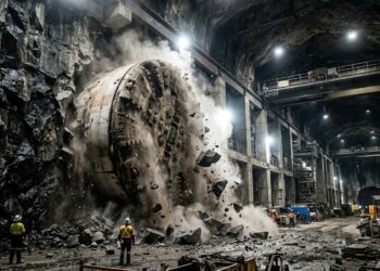 Tuneladora gigante rompe a última parede de rocha dentro do complexo subterrâneo Snowy 2.0.
