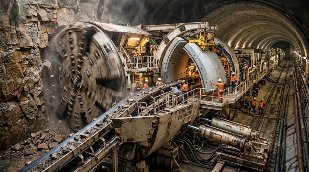 Pistões hidráulicos da tuneladora apoiam-se no revestimento de concreto para impulsionar a máquina.