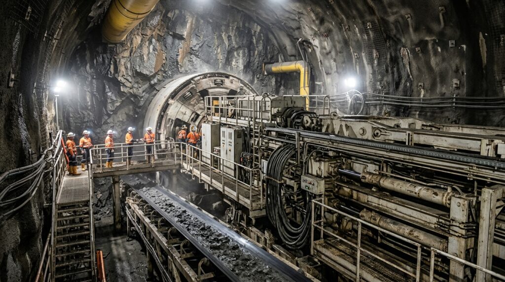 Corte da montanha revela túneis e uma grande caverna do Snowy 2.0 em profundidade.