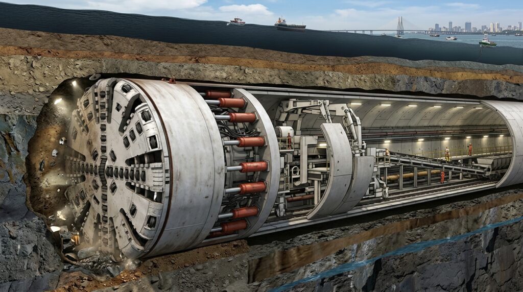 Tuneladora escava o solo e instala anéis de concreto no túnel.
