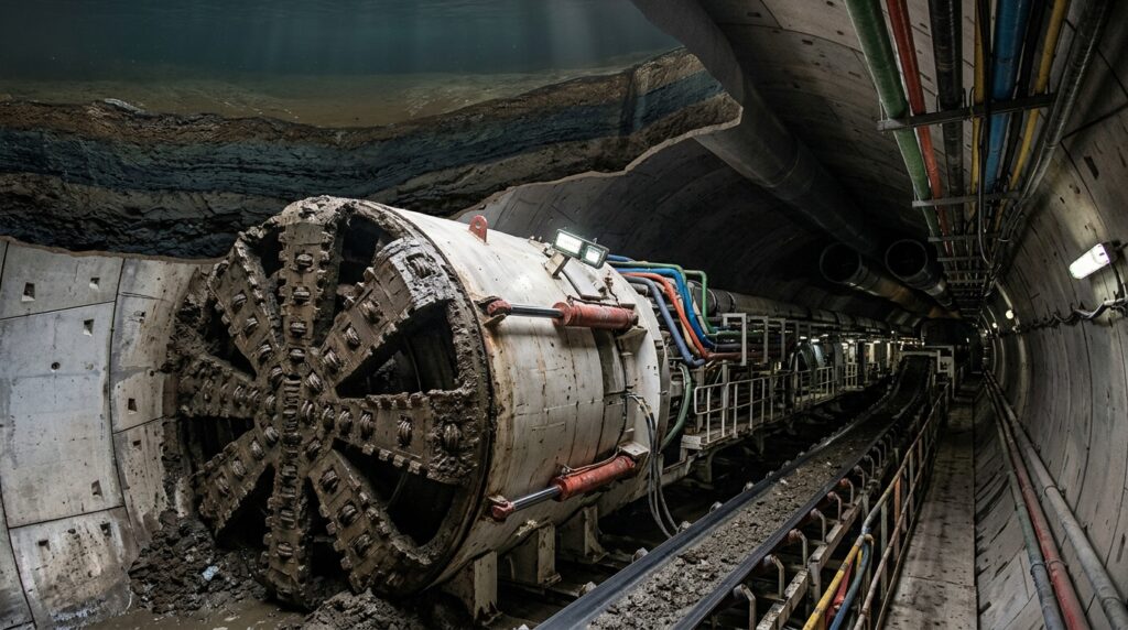 Tuneladora EPB escava o terreno saturado abaixo do rio Yarra.