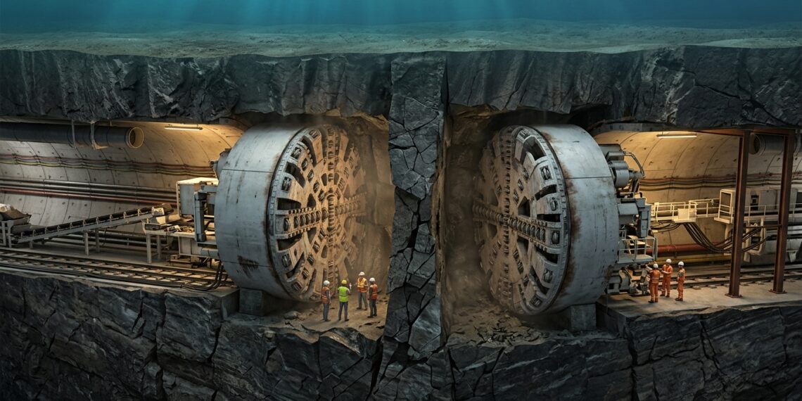 Cabeças de duas tuneladoras se aproximam no ponto de encontro subterrâneo.