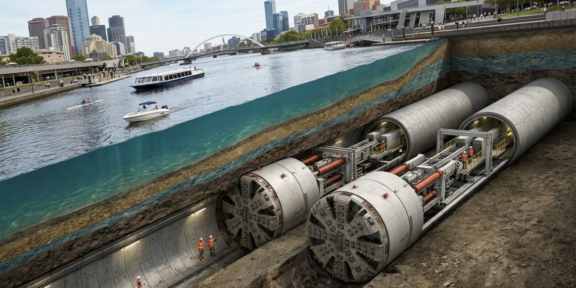 Duas tuneladoras gigantes avançam sob o rio Yarra enquanto barcos navegam na superfície.