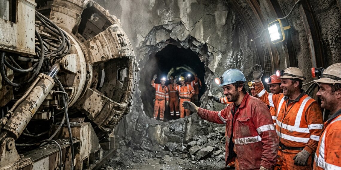 : Trabalhadores se encontram após o rompimento da última camada de rocha no Túnel de Base de São Gotardo.