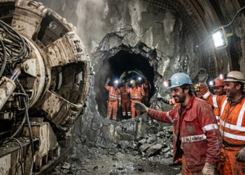 : Trabalhadores se encontram após o rompimento da última camada de rocha no Túnel de Base de São Gotardo.