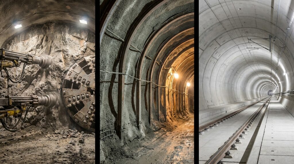 Três painéis sequenciais mostrando o corte da rocha, a aplicação de concreto projetado com arcos metálicos e o tubo ferroviário concluído