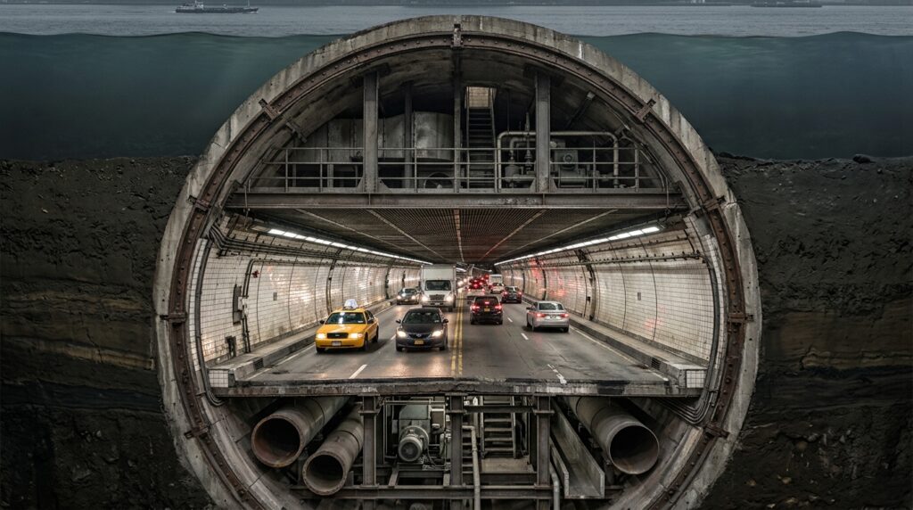 Corte do Holland Tunnel revela duto de ar sob a pista, carros no centro e sistema de exaustão acima dos veículos.