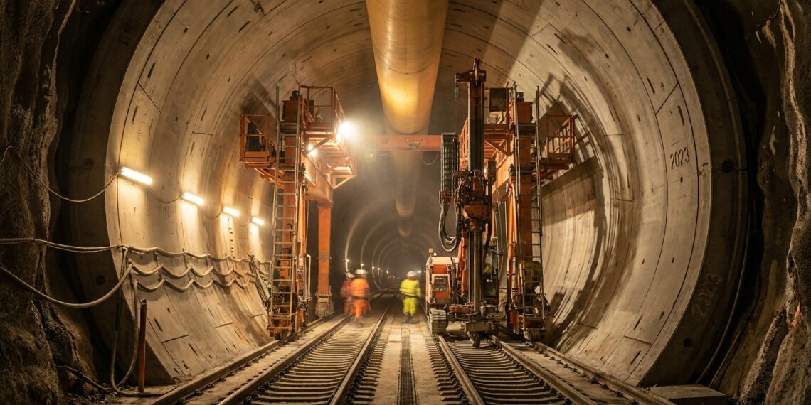 Interior de túnel ferroviário circular em construção sob os Alpes com aduelas de concreto e trilhos sob holofotes