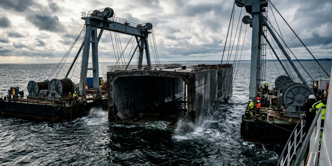 Elemento de concreto armado de 73 mil toneladas do Túnel do Fehmarnbelt sendo baixado ao mar por barcaças de imersão.