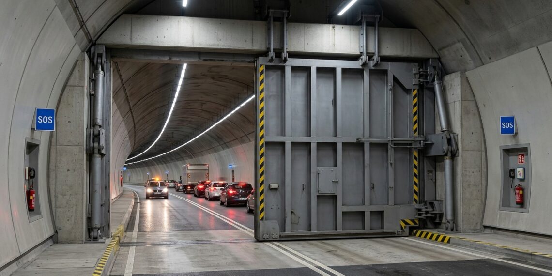 Enorme porta de segurança fecha uma seção de um túnel rodoviário para isolar determinada área.