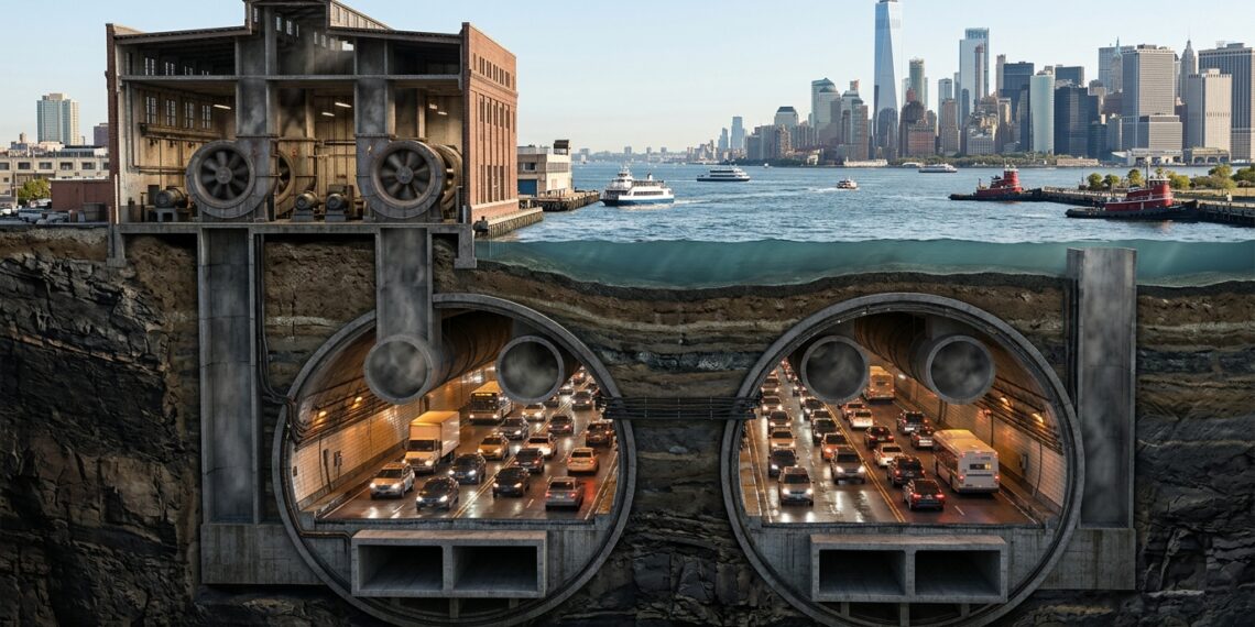 Corte do Holland Tunnel sob o rio Hudson mostra carros e o sistema de ventilação que mantém o ar circulando nos dois tubos.