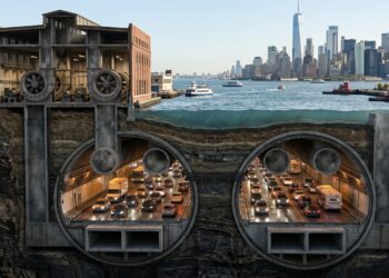 Corte do Holland Tunnel sob o rio Hudson mostra carros e o sistema de ventilação que mantém o ar circulando nos dois tubos.