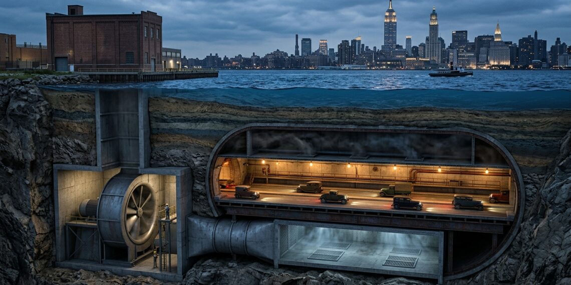 Corte do Holland Tunnel sob o rio Hudson mostra carros e os dutos responsáveis pela circulação de ar na estrutura.