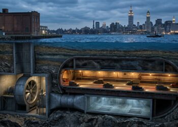 Corte do Holland Tunnel sob o rio Hudson mostra carros e os dutos responsáveis pela circulação de ar na estrutura.