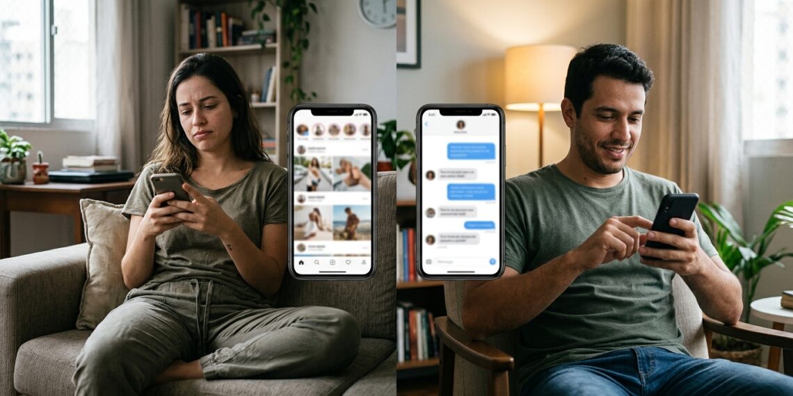 Duas pessoas usam redes sociais de maneiras diferentes, uma rolando o feed e outra conversando diretamente com um amigo.