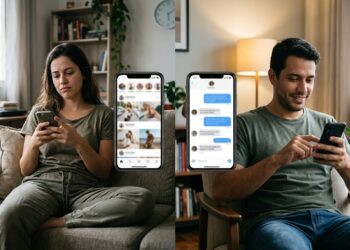Duas pessoas usam redes sociais de maneiras diferentes, uma rolando o feed e outra conversando diretamente com um amigo.