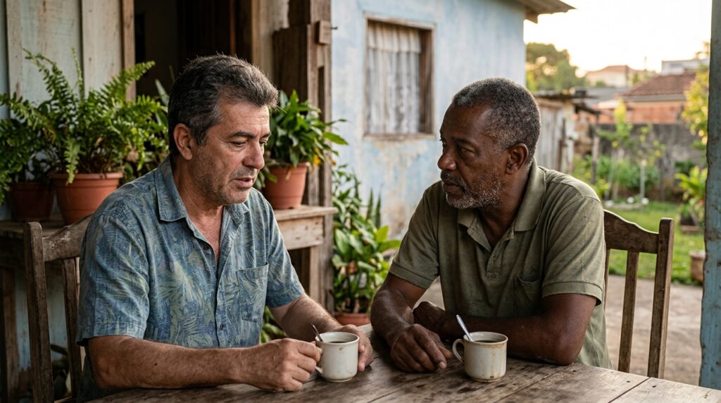 Dois amigos maduros conversam com atenção em um momento de companheirismo e confiança.