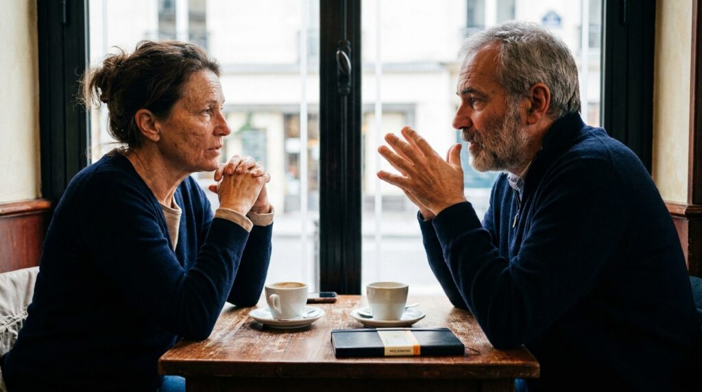 Homem e mulher conversando com atenção e cumplicidade em mesa de café tradicional parisiense