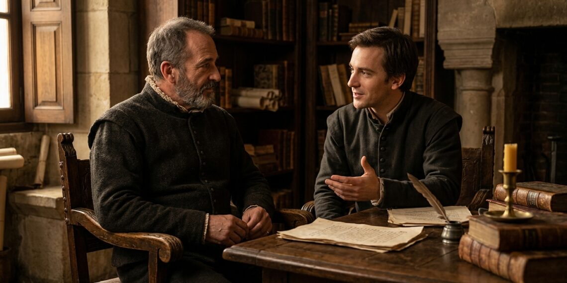 Representação de Michel de Montaigne e Étienne de La Boétie conversando em um ambiente francês do século 16.