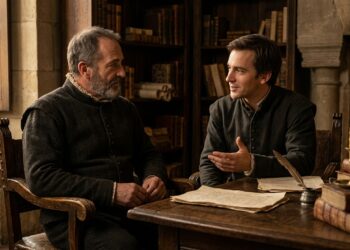 Representação de Michel de Montaigne e Étienne de La Boétie conversando em um ambiente francês do século 16.