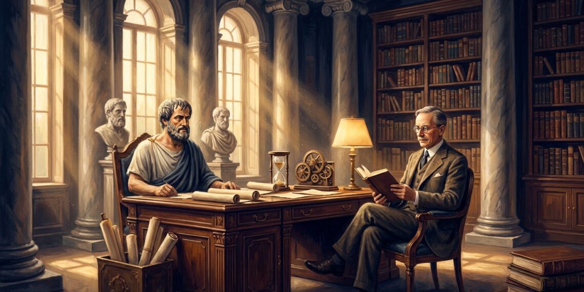 Ilustração editorial de Aristóteles em trajes clássicos ao lado do historiador Will Durant em biblioteca com colunas de mármore e livros antigos