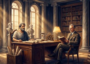 Ilustração editorial de Aristóteles em trajes clássicos ao lado do historiador Will Durant em biblioteca com colunas de mármore e livros antigos