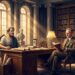 Ilustração editorial de Aristóteles em trajes clássicos ao lado do historiador Will Durant em biblioteca com colunas de mármore e livros antigos