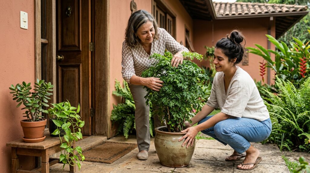 Mulher mais velha e jovem posicionam uma árvore-da-felicidade em vaso próximo à entrada de casa.