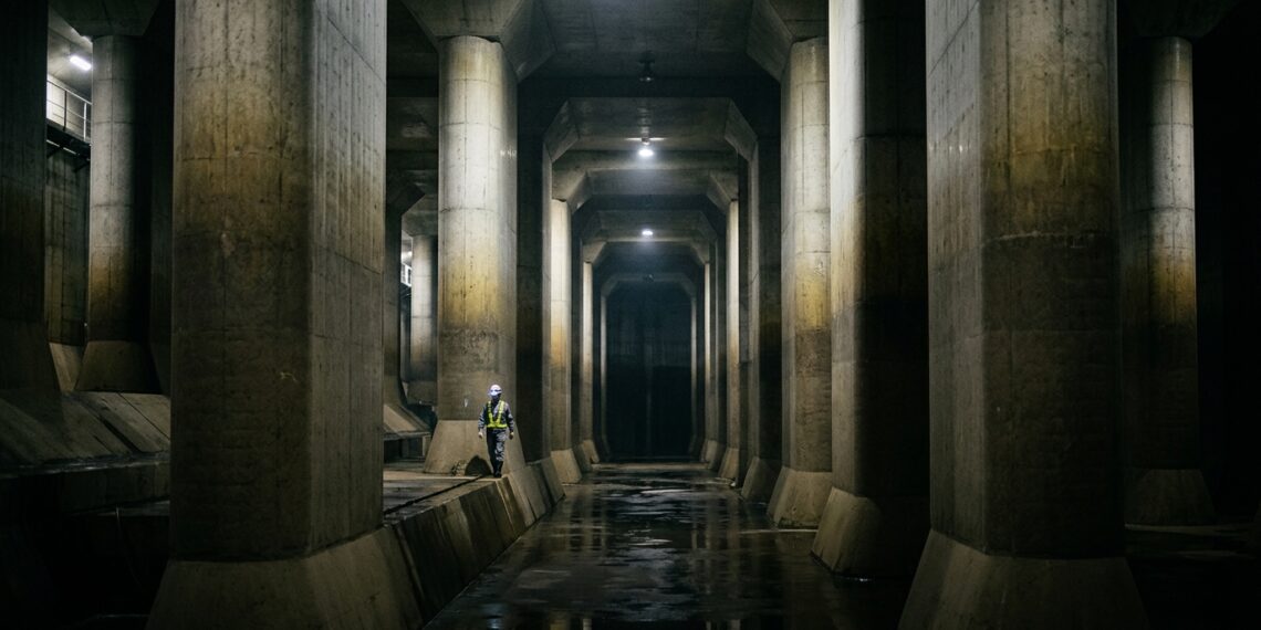 Pilares maciços de concreto armado alinhados no salão subterrâneo do sistema de drenagem G-Cans a cinquenta metros de profundidade em Tóquio