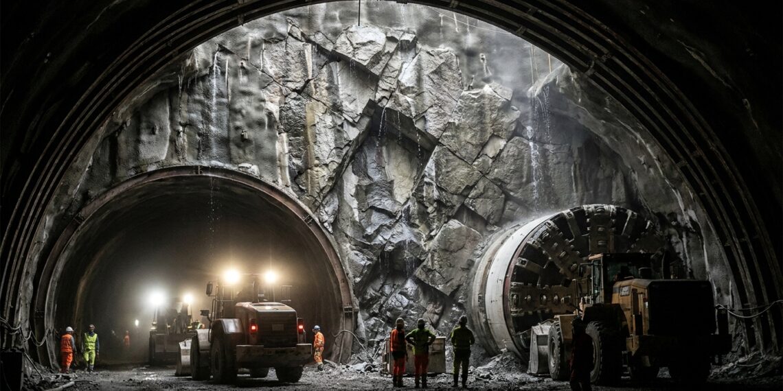 Galeria subterrânea do Túnel de Base de São Gotardo com arcos de sustentação e iluminação industrial sob maciço rochoso alpino