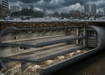 Corte subterrâneo mostra a rodovia de dois andares do SMART Tunnel sobre um canal que recebe águas de enchentes em Kuala Lumpur.