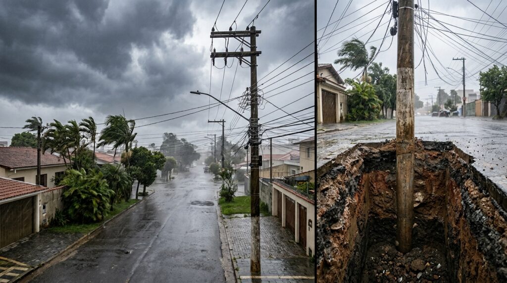 Corte do terreno mostra parte de um poste de energia enterrada enquanto vento e cabos aplicam forças sobre a estrutura.