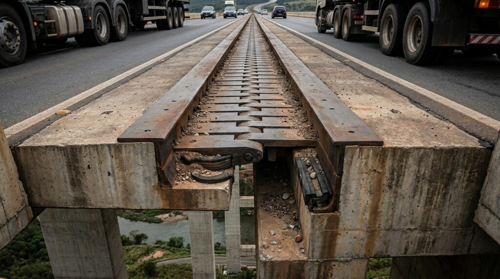 Junta de dilatação atravessa a pista de uma ponte e cria uma abertura planejada entre partes do tabuleiro.