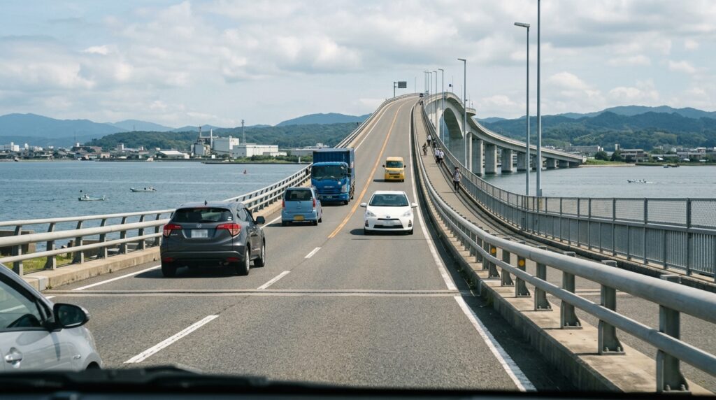 Vista ao nível da pista mostra a inclinação gradual da Ponte Eshima Ohashi durante a travessia.