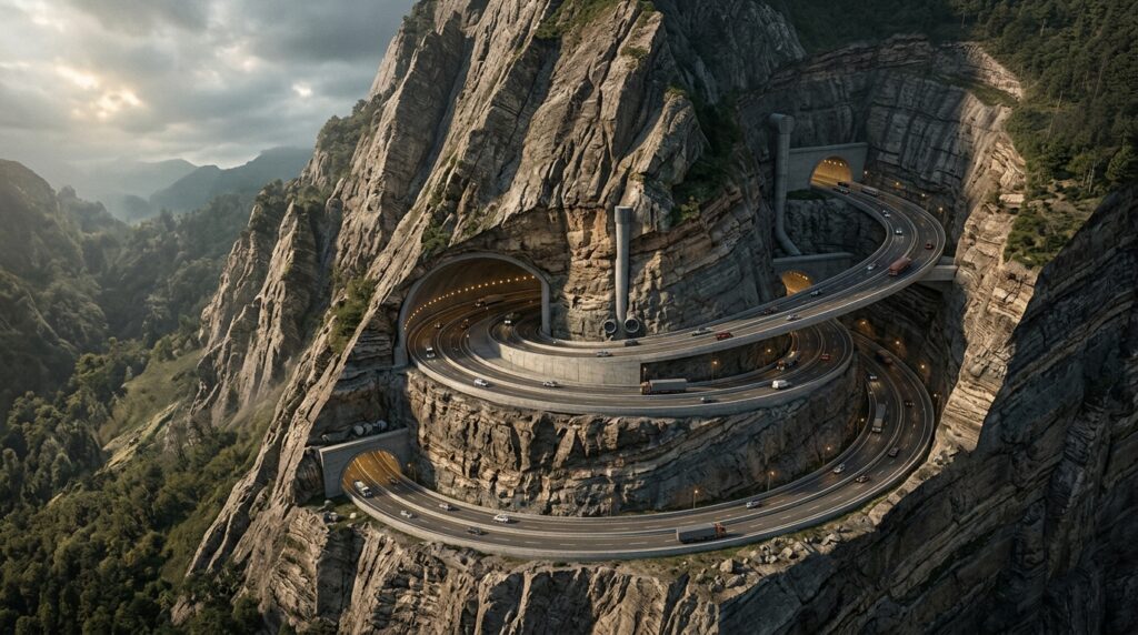 Corte da montanha mostra estrada percorrendo um túnel em espiral de 4,4 km para vencer o desnível.