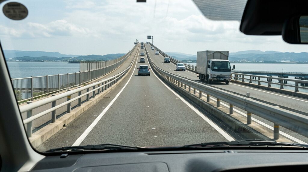 Vista da pista da Eshima Ohashi mostra a inclinação gradual que motoristas encontram durante a travessia.