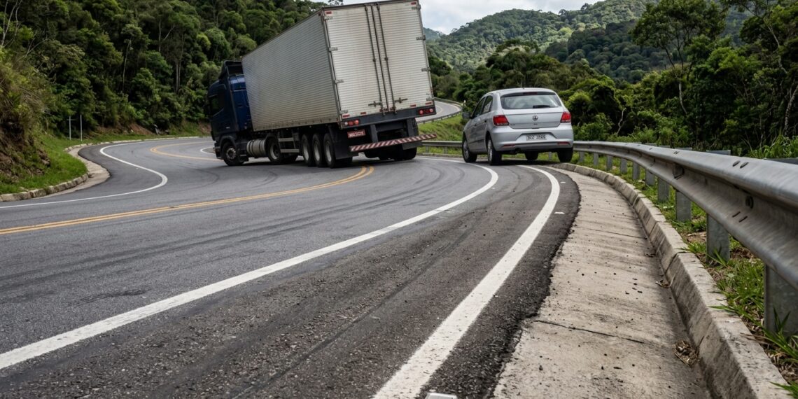 Caminhão e carro percorrem uma curva onde o pavimento sobe em direção ao lado externo.