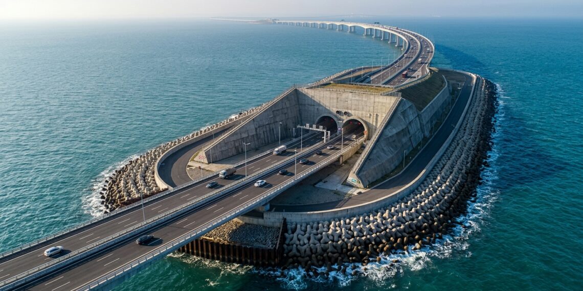 Viaduto rodoviário descendo sobre ilha artificial em mar aberto e entrando no portal do túnel submarino da travessia Hong Kong-Zhuhai-Macau.