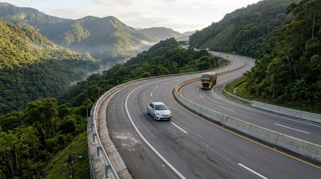 Rodovia inclinada em uma curva com o lado externo da pista mais alto que o lado interno.