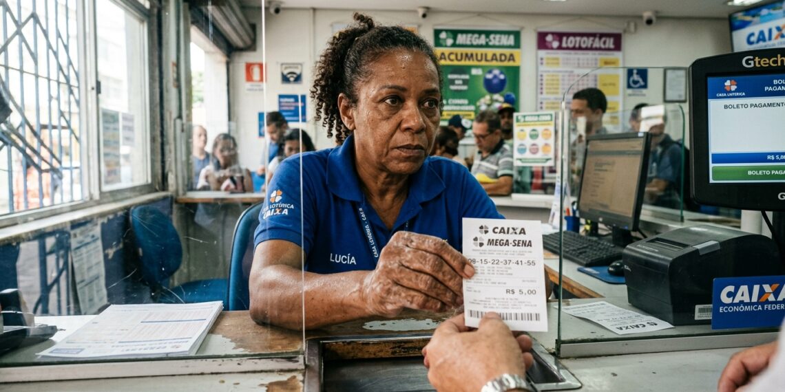 Atendente de casa lotérica entregando um bilhete de aposta impresso no balcão