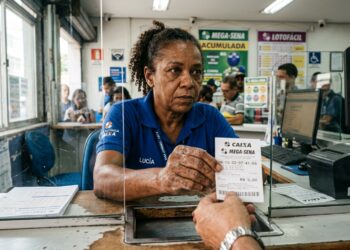Atendente de casa lotérica entregando um bilhete de aposta impresso no balcão
