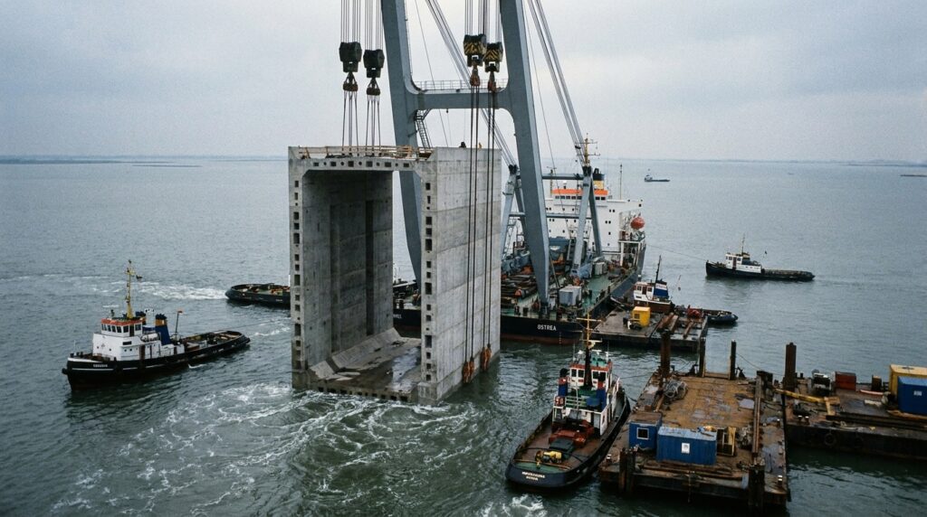 Embarcação especializada transporta enorme pilar de concreto pelo estuário holandês.