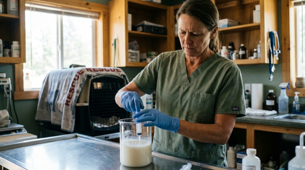 Médica veterinária com luvas e uniforme clínico preparando suplementação alimentar em laboratório de santuário de animais.