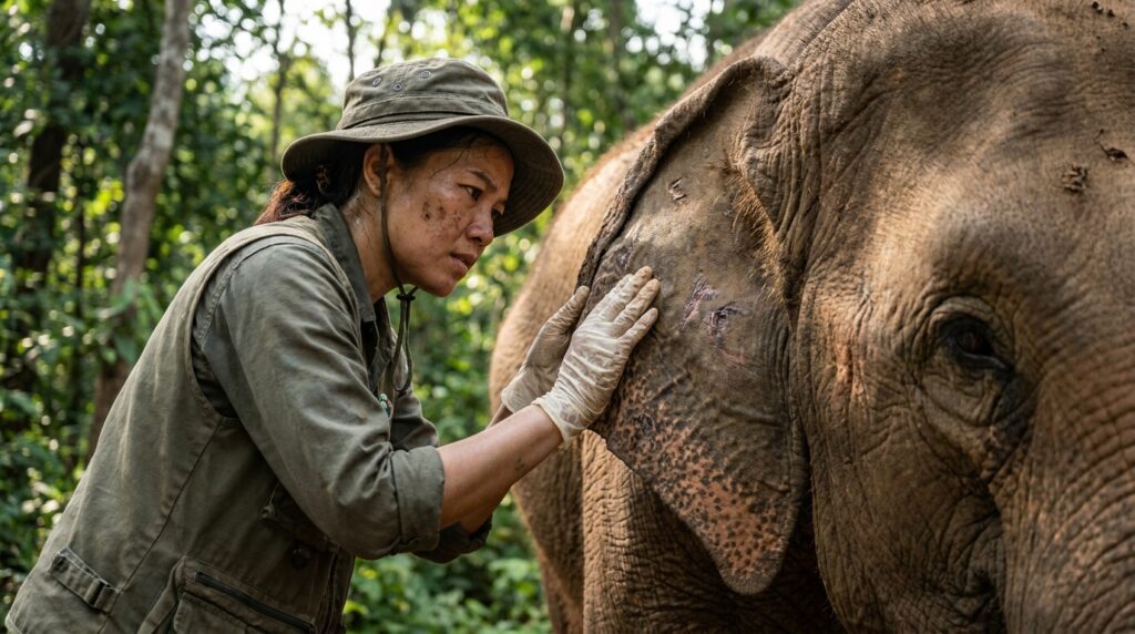 Veterinária de vida selvagem examinando cicatrizes na orelha de um elefante resgatado em santuário na Tailândia