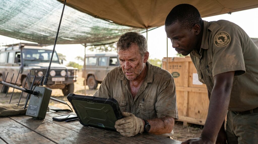 Profissional de conservação analisando dados de telemetria em tablet de campo durante operação de monitoramento animal.