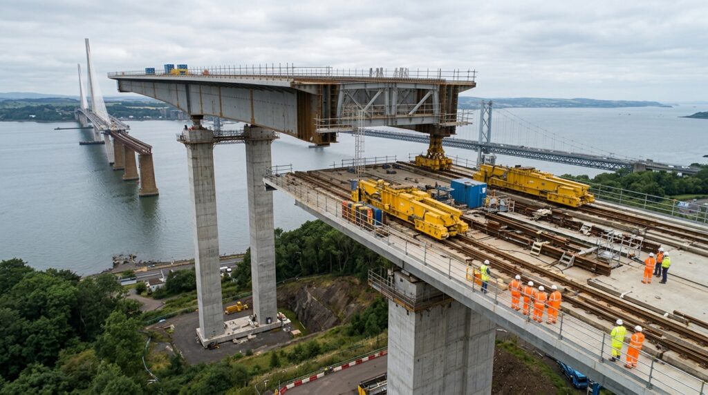 Viaduto de mais de 220 metros montado em terra antes do lançamento sobre os pilares.
