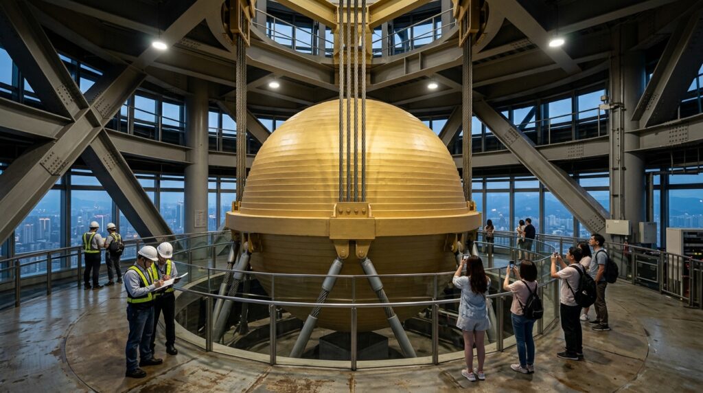 Pessoas observam a enorme esfera de aço de 660 toneladas suspensa nos andares superiores do Taipei 101.