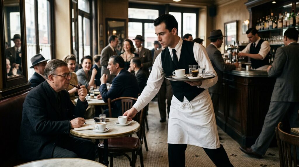 Garçom realiza gestos exageradamente precisos enquanto Jean-Paul Sartre o observa em um café.
